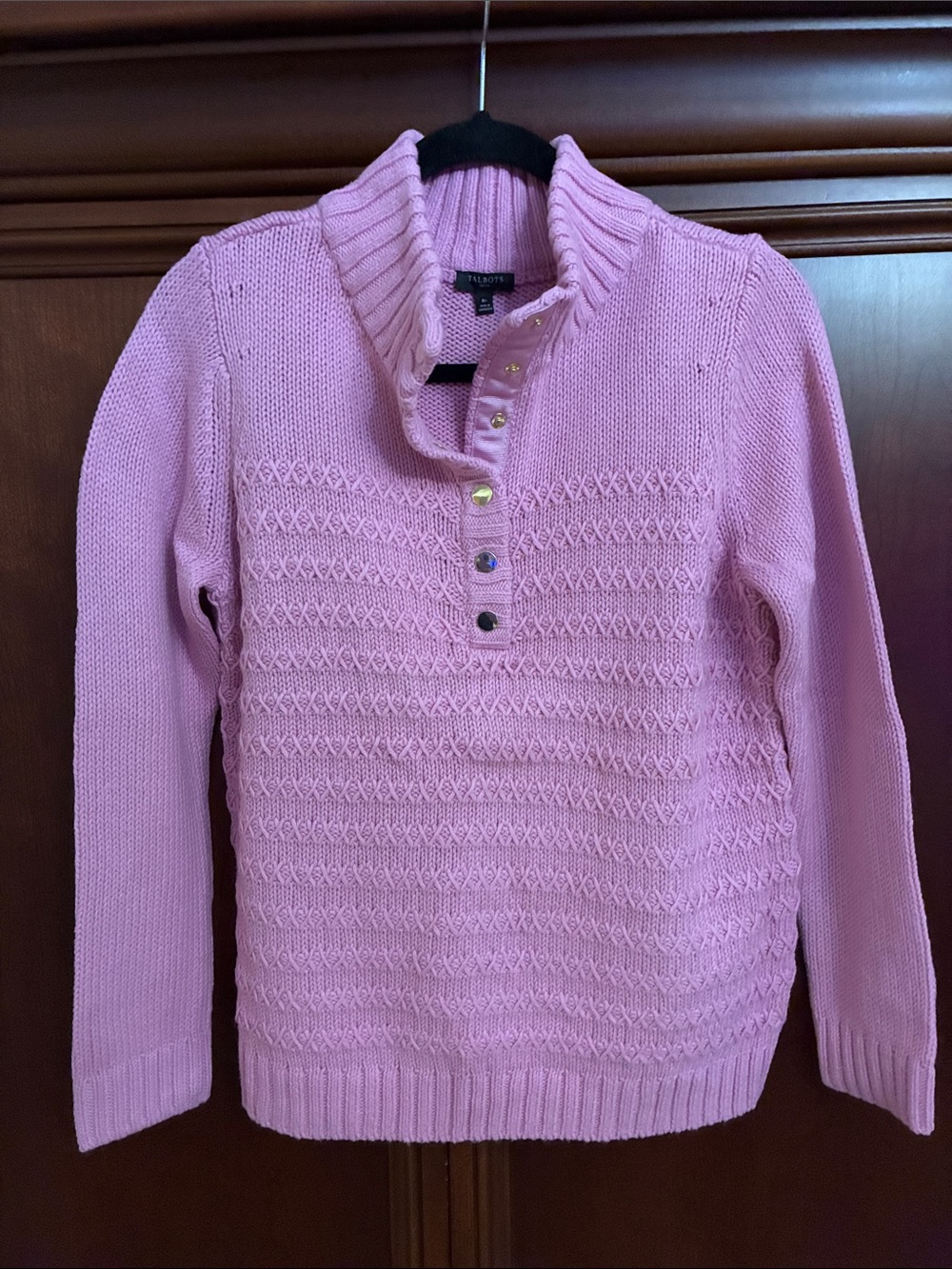 Talbots Light Pink Button-Front Cable Turtleneck Sweater